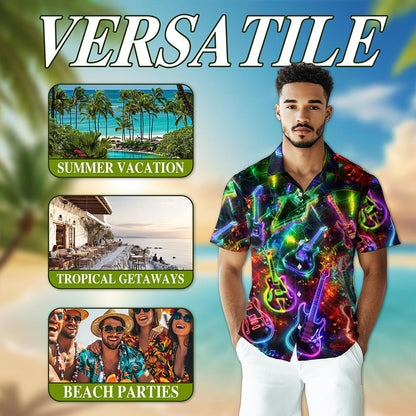 Neon Guitar Hawaiian Shirt for Men, Button Down Aloha Shirt - Azhawaiian