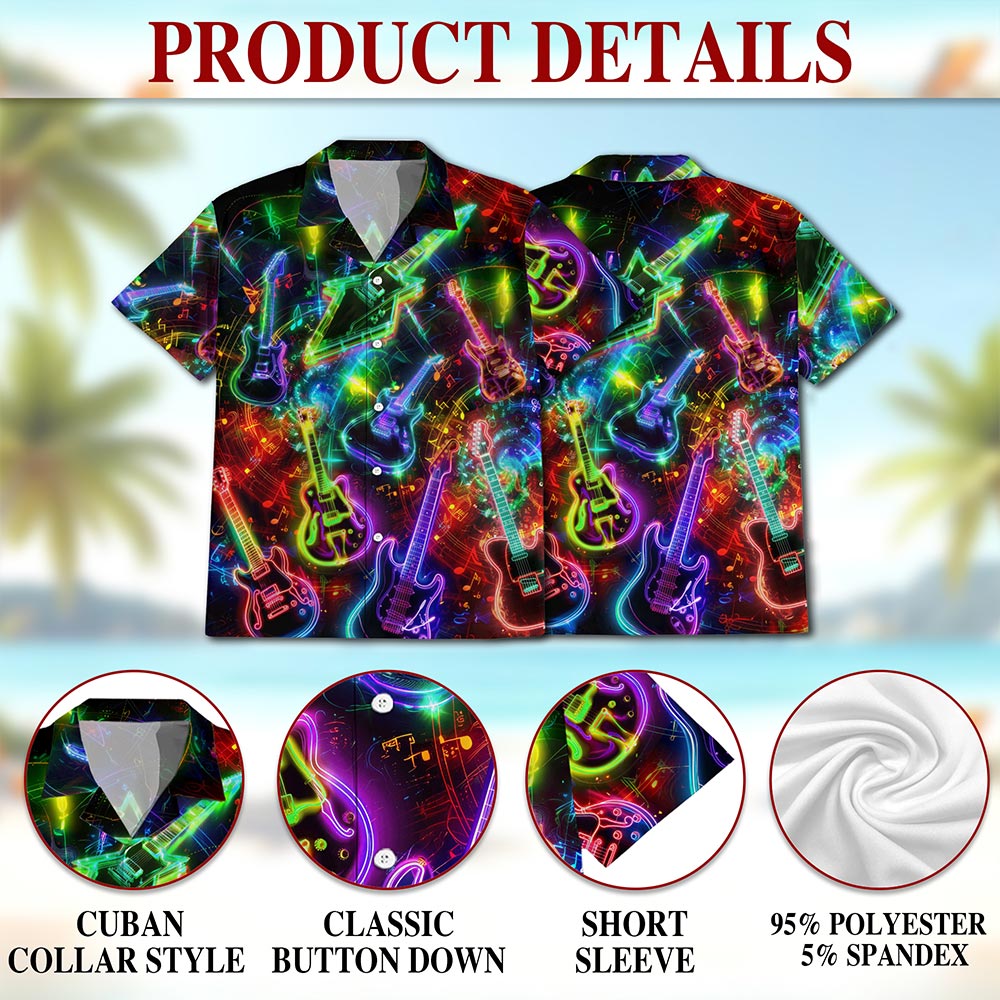 Neon Guitar Hawaiian Shirt for Men, Button Down Aloha Shirt - Azhawaiian
