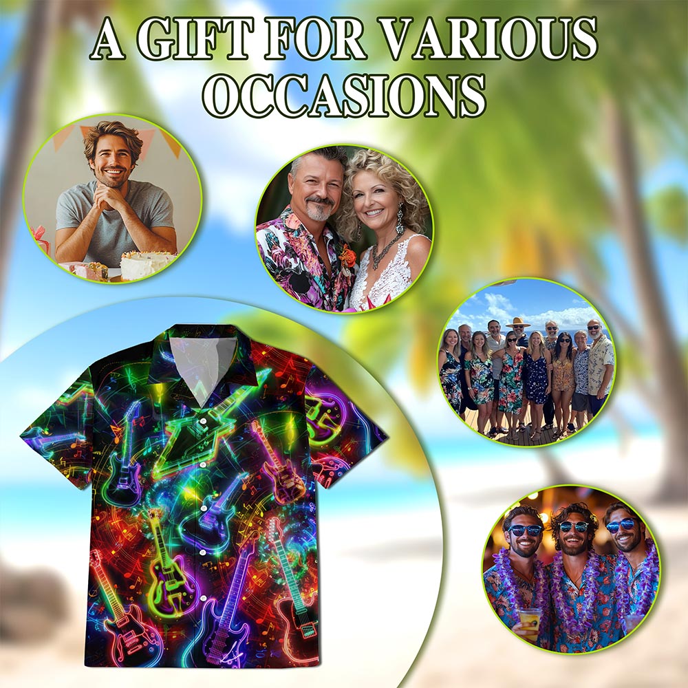 Neon Guitar Hawaiian Shirt for Men, Button Down Aloha Shirt - Azhawaiian