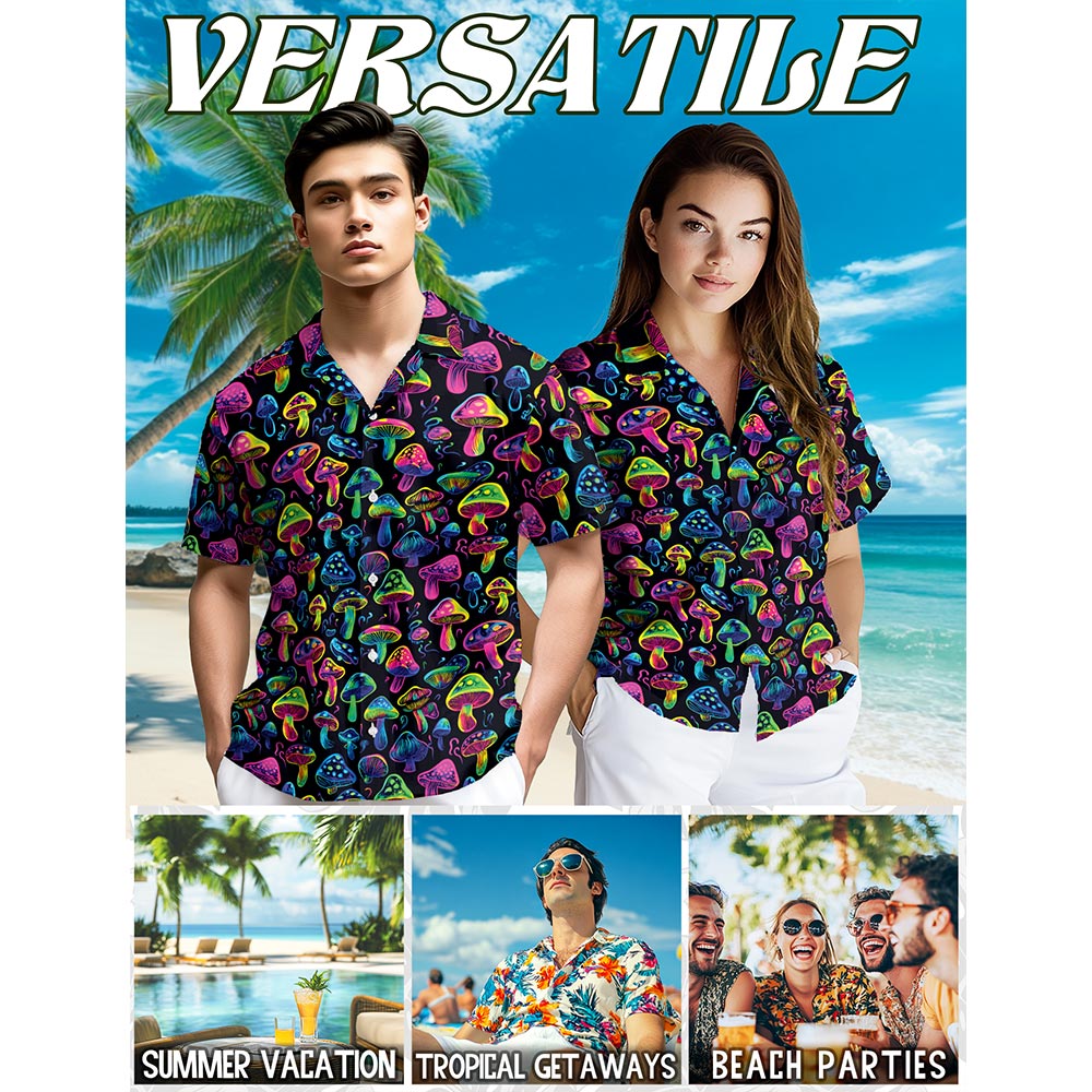 Neon Mushroom Hawaiian Shirt for Men, Button Down Aloha Shirt - Azhawaiian