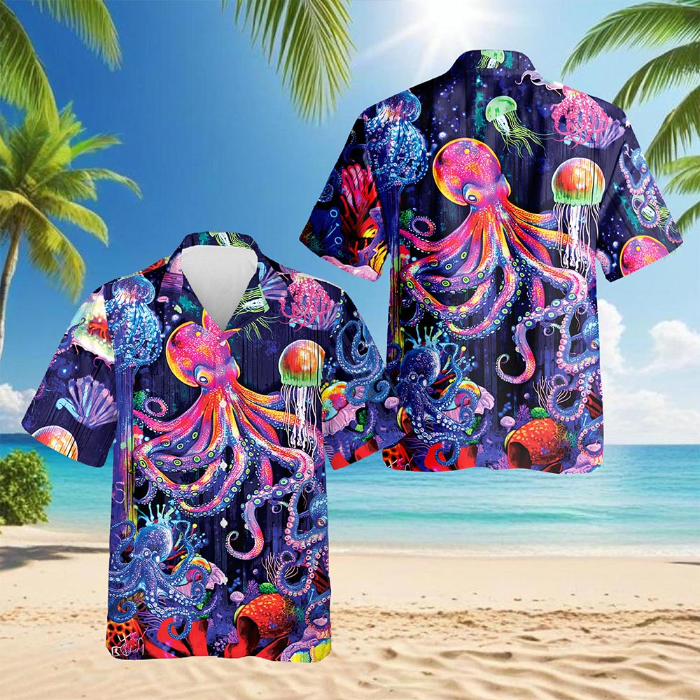 Neon Octopus Hawaiian Shirt for Men, Button Down Aloha Shirt - Azhawaiian