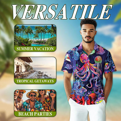 Neon Octopus Hawaiian Shirt for Men, Button Down Aloha Shirt - Azhawaiian