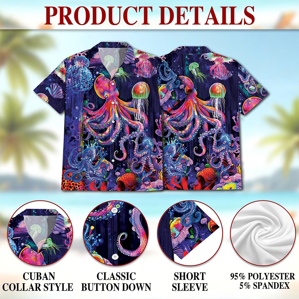 Neon Octopus Hawaiian Shirt for Men, Button Down Aloha Shirt - Azhawaiian