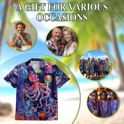 Neon Octopus Hawaiian Shirt for Men, Button Down Aloha Shirt - Azhawaiian