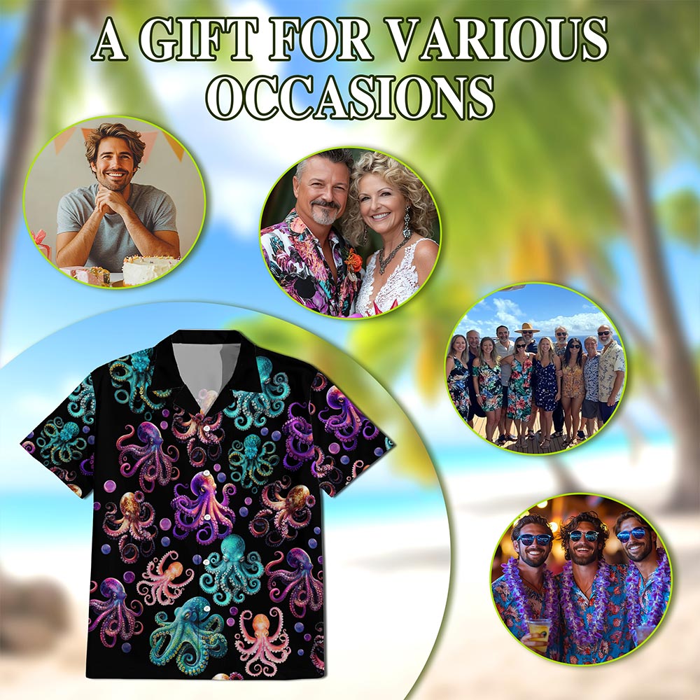 Neon Octopus Hawaiian Shirt for Men, Button Down Aloha Shirt - Azhawaiian