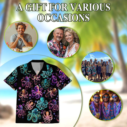 Neon Octopus Hawaiian Shirt for Men, Button Down Aloha Shirt - Azhawaiian