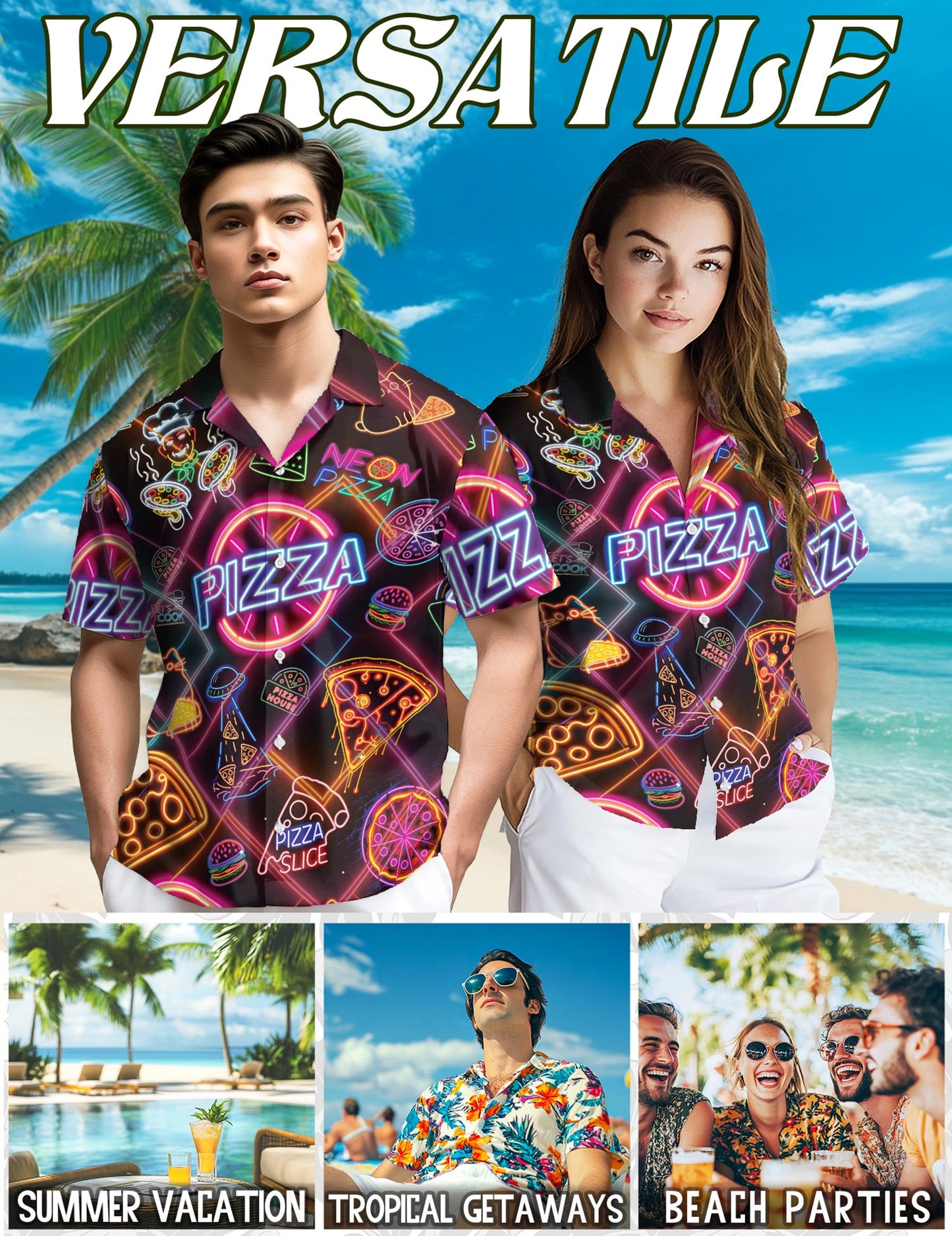 Neon Pizza Hawaiian Shirt for Men, Button Down Aloha Shirt - Azhawaiian