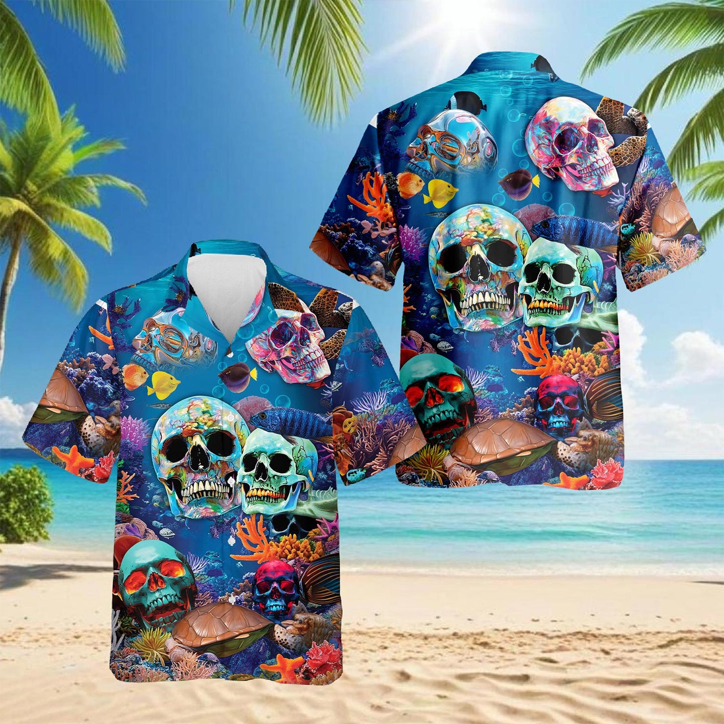 Ocean Skull Hawaiian Shirt for Men, Button Down Aloha Shirt - Azhawaiian