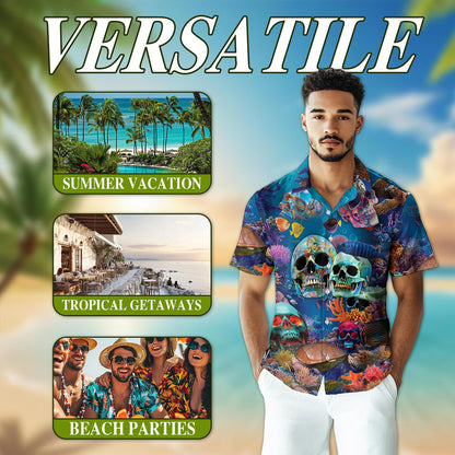 Ocean Skull Hawaiian Shirt for Men, Button Down Aloha Shirt - Azhawaiian