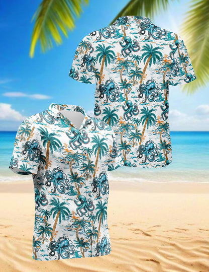 Octopus Coconut Tree Hawaiian Shirt for Men, Button Down Aloha Shirt - Azhawaiian