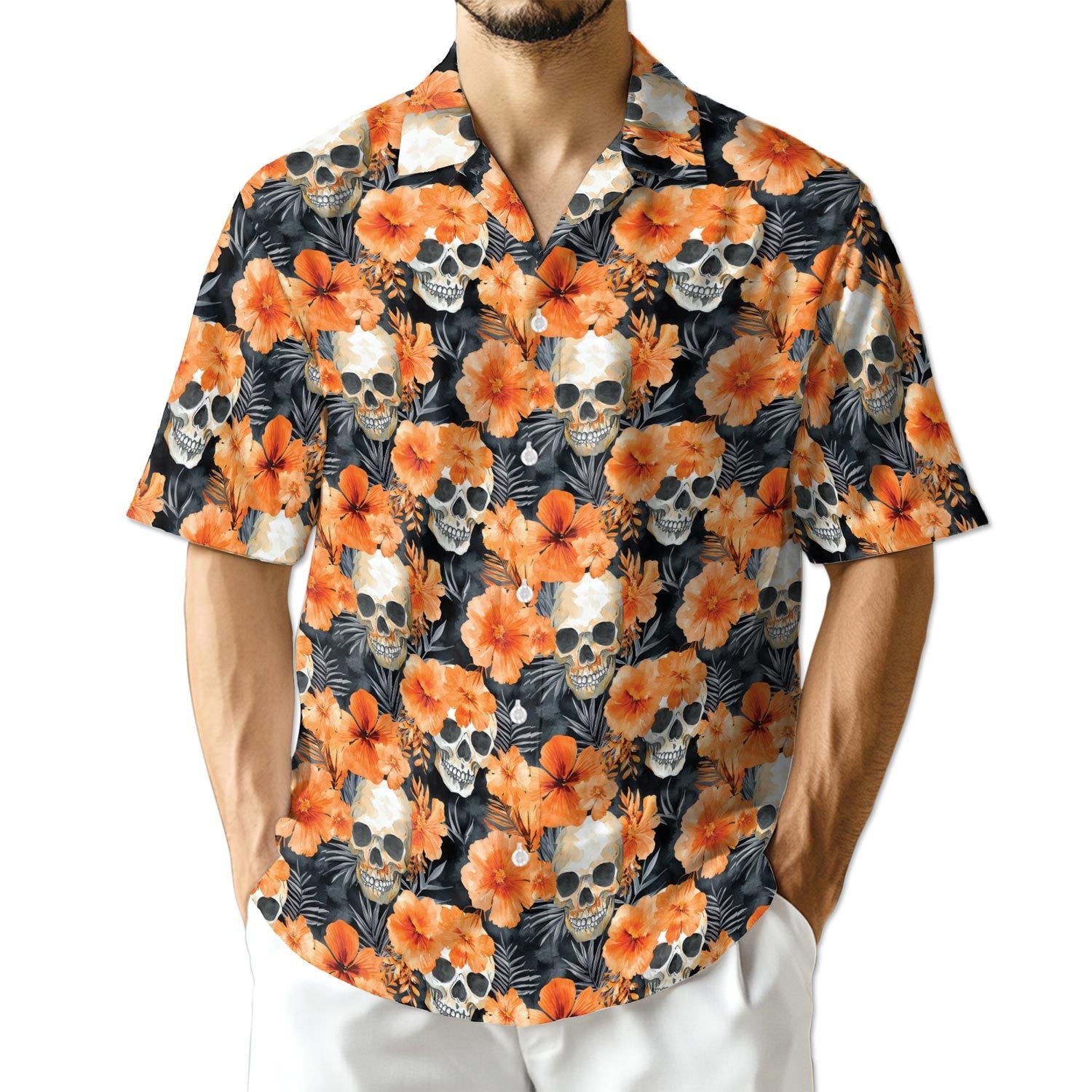 Azhawaiian Orange Skull Hawaiian Shirt for Men