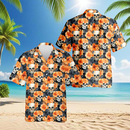 Orange Skull Hawaiian Shirt for Men, Button Down Aloha Shirt - Azhawaiian
