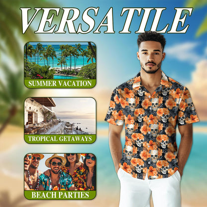 Orange Skull Hawaiian Shirt for Men, Button Down Aloha Shirt - Azhawaiian