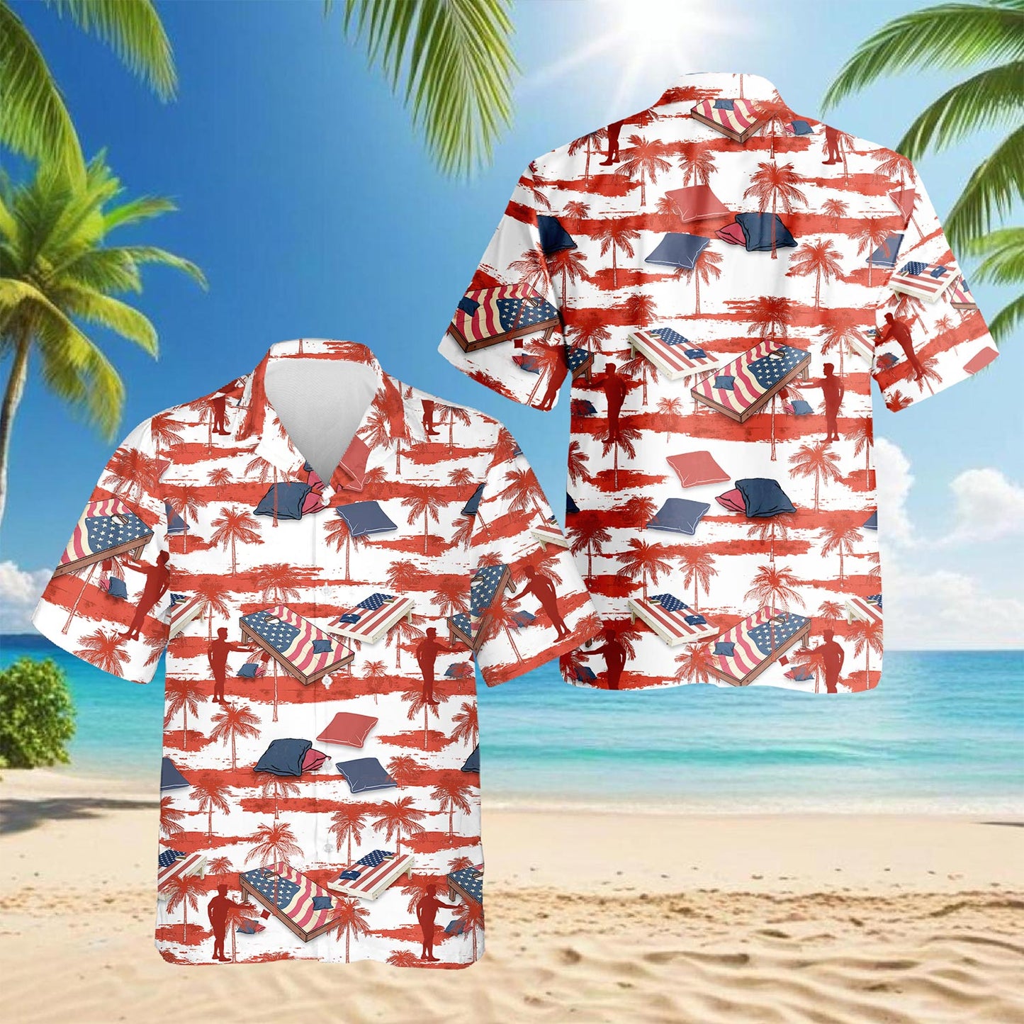 Palm Cornhole US Flag Hawaiian Shirt for Men, Button Down Aloha Shirt - Azhawaiian