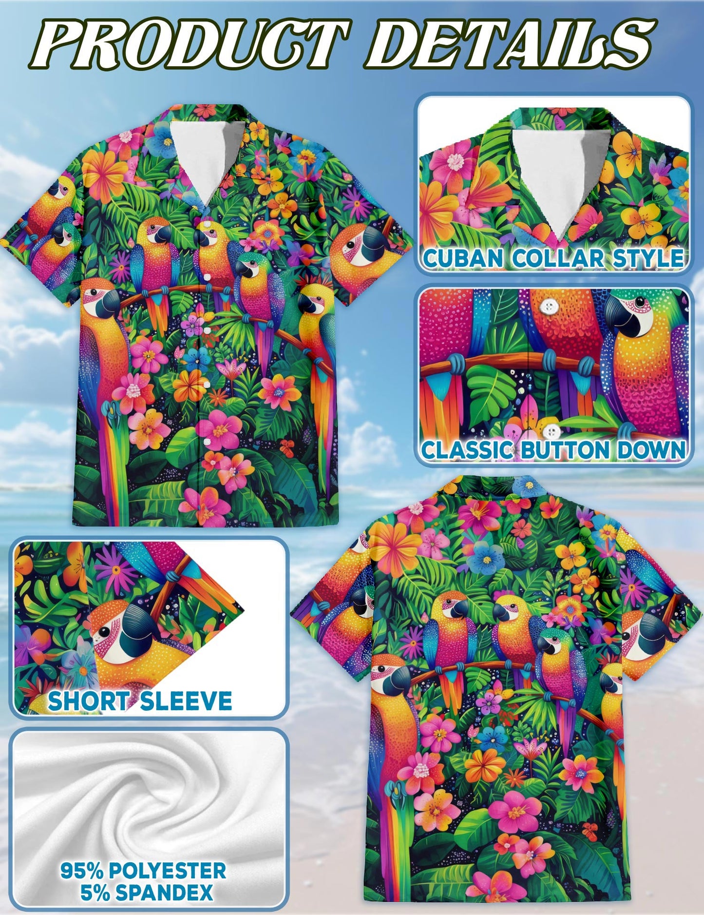Parrot Hawaiian Shirt for Men, Button Down Aloha Shirt - Azhawaiian