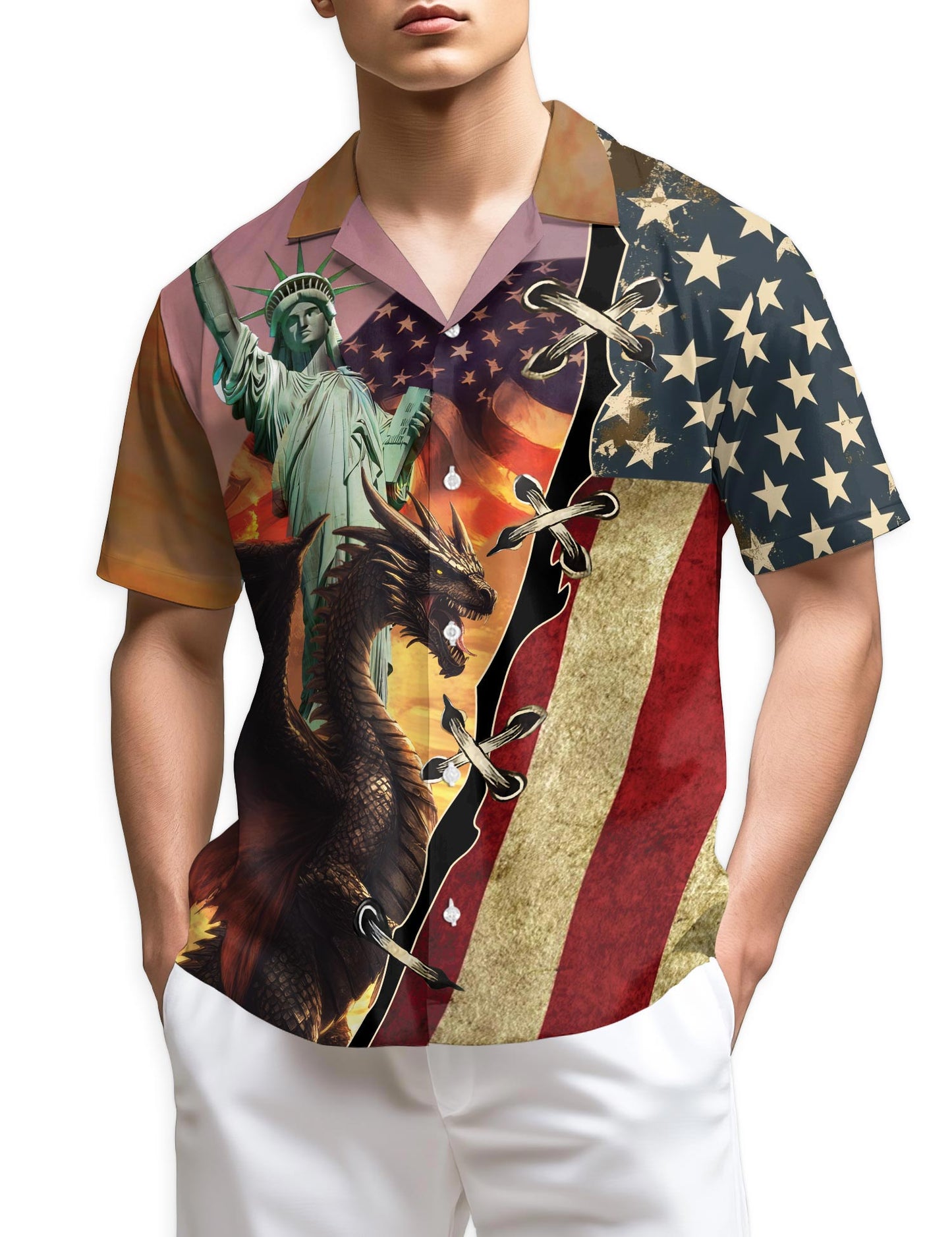 Azhawaiian Patriotic Dragon US Flag Hawaiian Shirt for Men