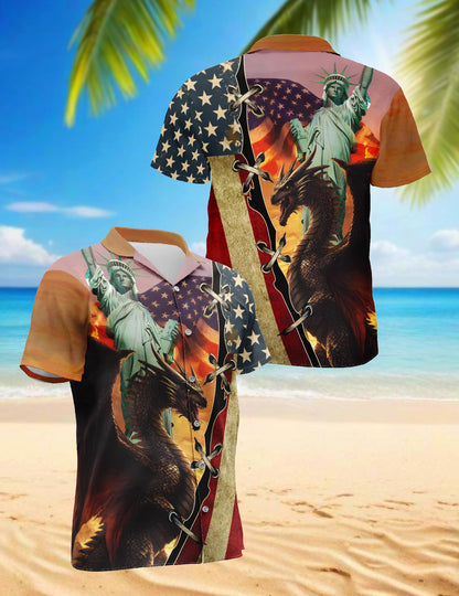 Patriotic Dragon US Flag Hawaiian Shirt for Men, Button Down Aloha Shirt - Azhawaiian