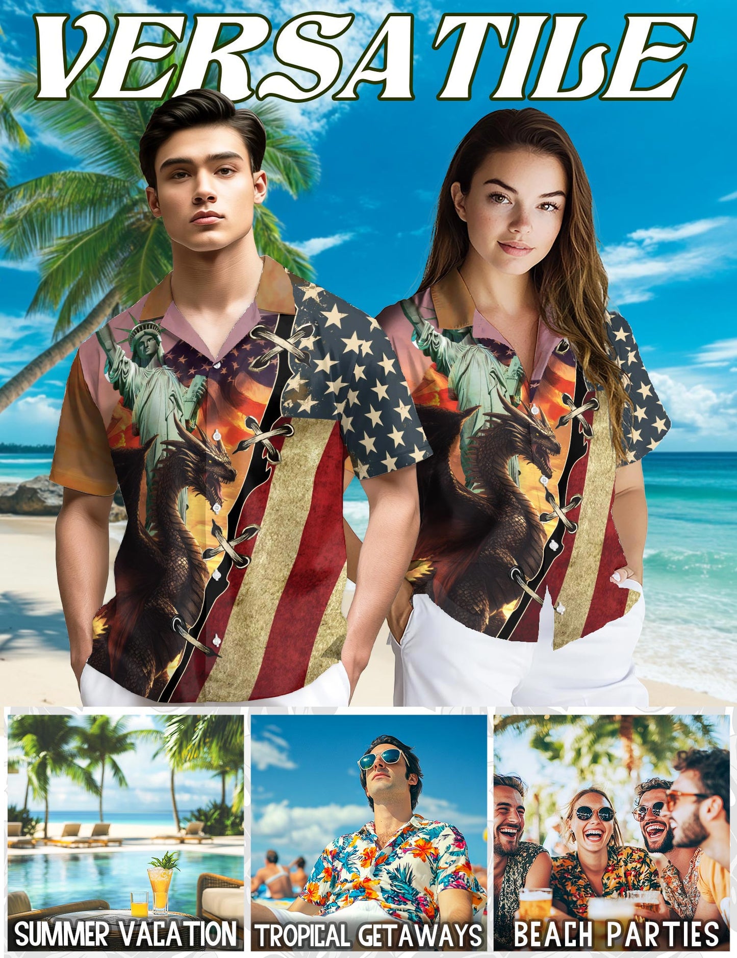 Patriotic Dragon US Flag Hawaiian Shirt for Men, Button Down Aloha Shirt - Azhawaiian