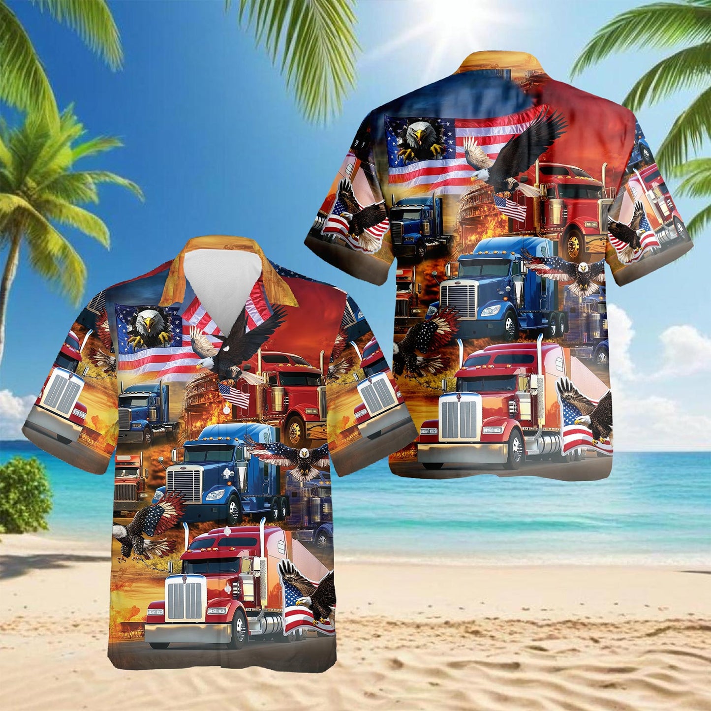 Patriotic Truck Driver Hawaiian Shirt for Men, Button Down Aloha Shirt - Azhawaiian