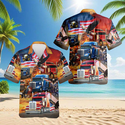 Patriotic Truck Driver Hawaiian Shirt for Men, Button Down Aloha Shirt - Azhawaiian