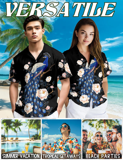 Peacock Peony Hawaiian Shirt for Men, Button Down Aloha Shirt - Azhawaiian