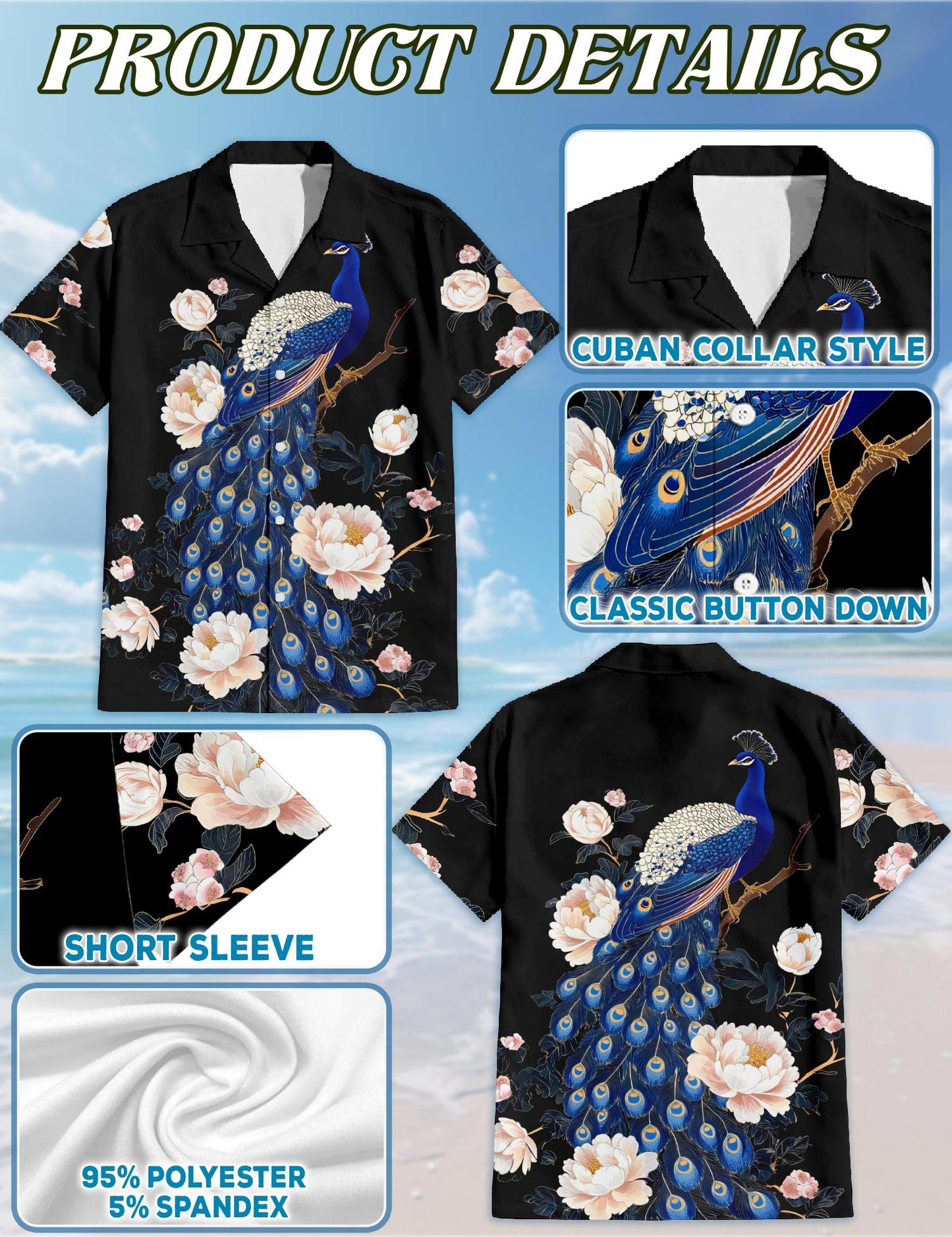 Peacock Peony Hawaiian Shirt for Men, Button Down Aloha Shirt - Azhawaiian