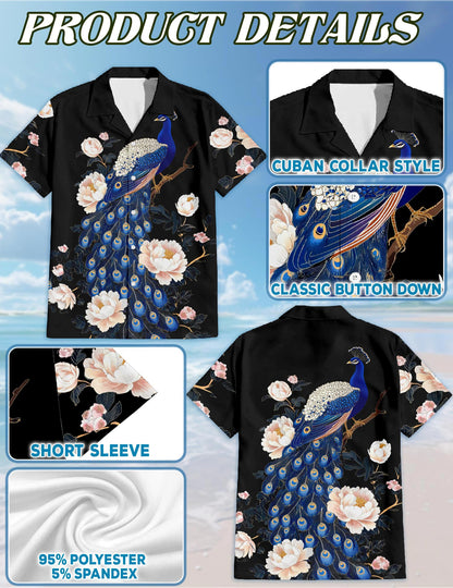 Peacock Peony Hawaiian Shirt for Men, Button Down Aloha Shirt - Azhawaiian