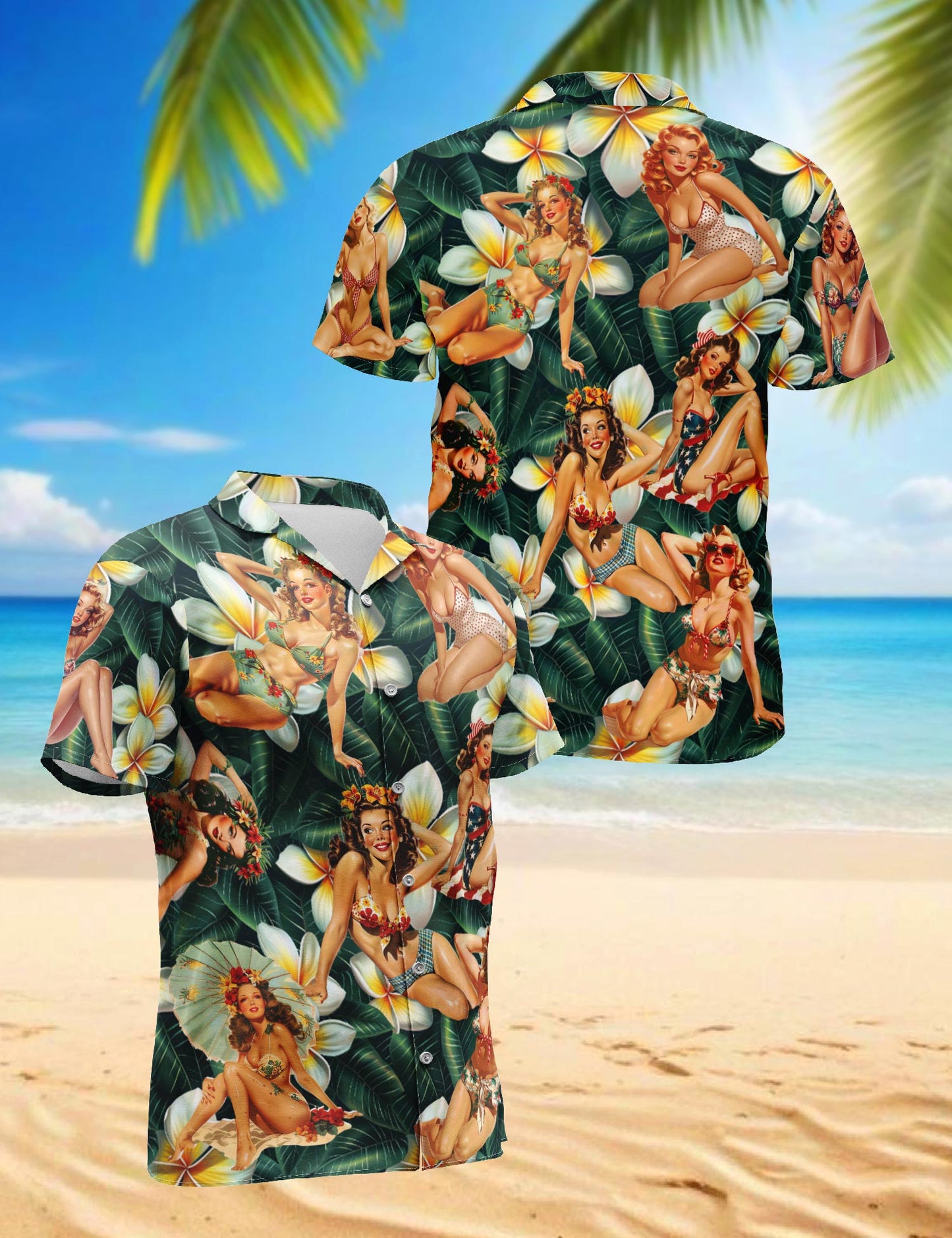 Pin Up Girl Dark Green Hawaiian Shirt for Men, Button Down Aloha Shirt - Azhawaiian