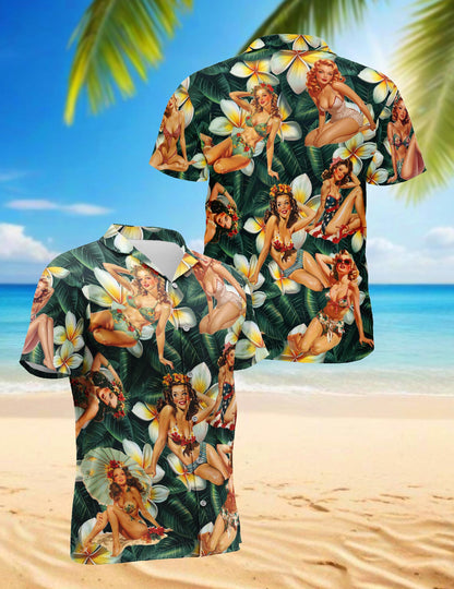 Pin Up Girl Dark Green Hawaiian Shirt for Men, Button Down Aloha Shirt - Azhawaiian