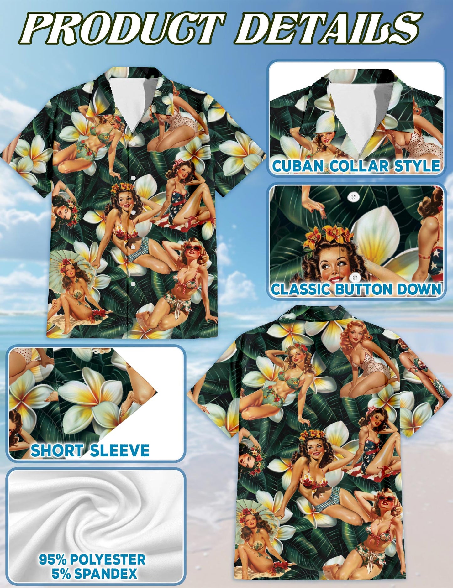 Pin Up Girl Dark Green Hawaiian Shirt for Men, Button Down Aloha Shirt - Azhawaiian