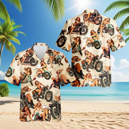 Pin Up Girls On Motorcycles Hawaiian Shirt for Men, Button Down Aloha Shirt - Azhawaiian