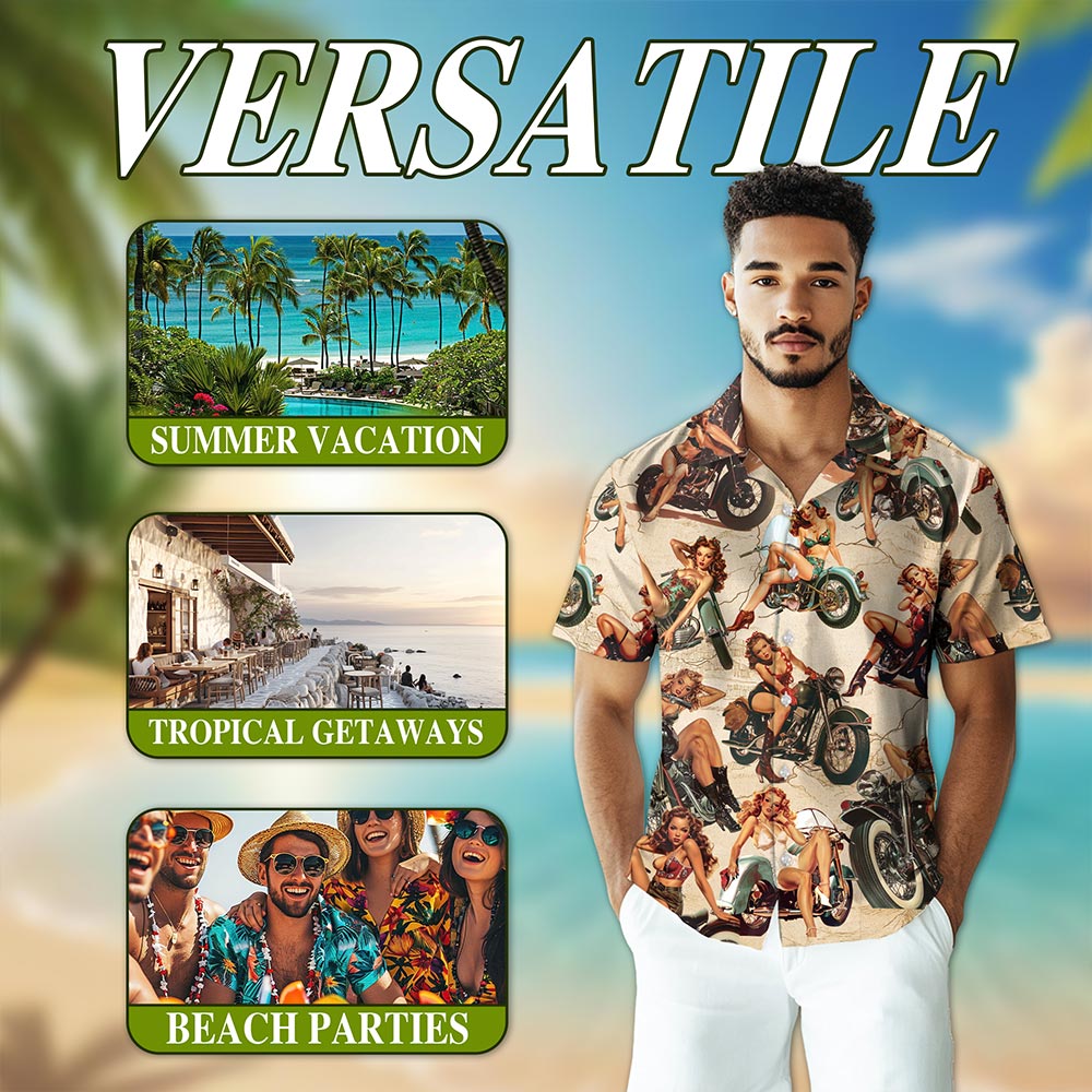 Pin Up Girls On Motorcycles Hawaiian Shirt for Men, Button Down Aloha Shirt - Azhawaiian