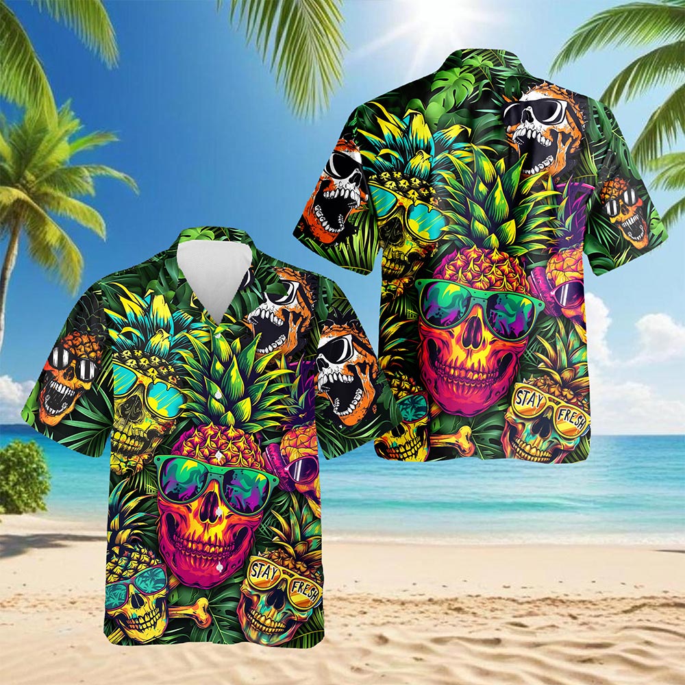 Pineapple Skull Hawaiian Shirt for Men, Button Down Aloha Shirt - Azhawaiian