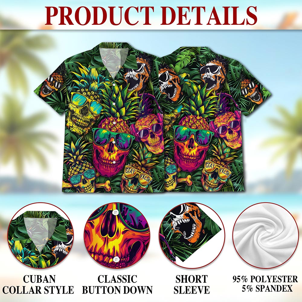 Pineapple Skull Hawaiian Shirt for Men, Button Down Aloha Shirt - Azhawaiian