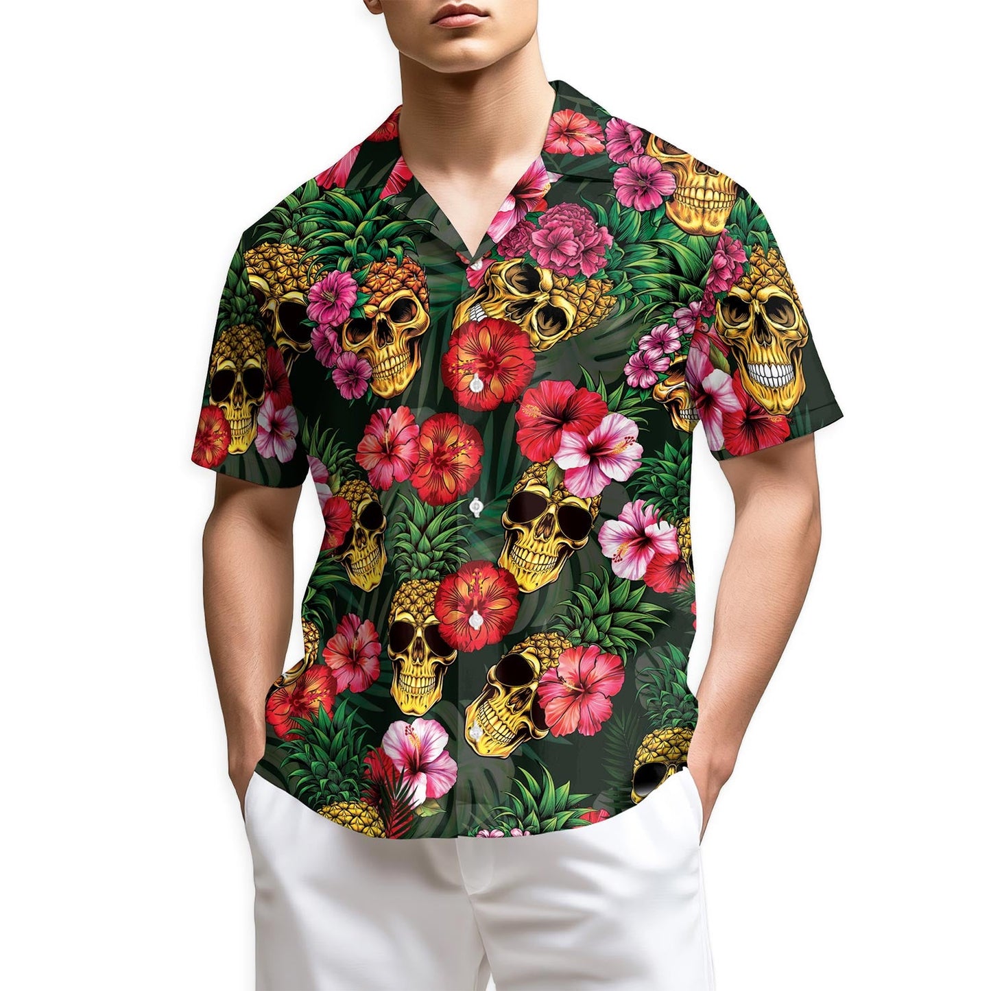 Azhawaiian Pineapple Skull Hibiscus Hawaiian Shirt for Men
