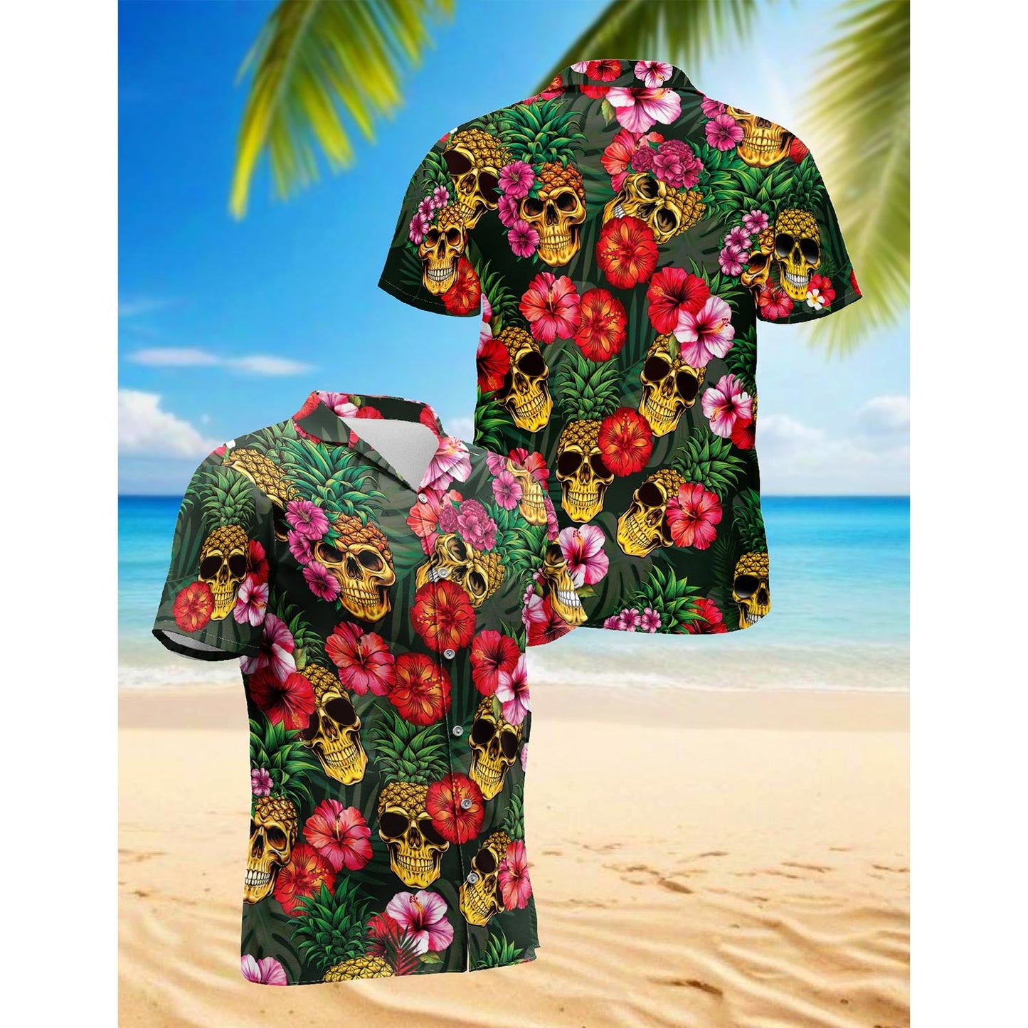 Pineapple Skull Hibiscus Hawaiian Shirt for Men, Button Down Aloha Shirt - Azhawaiian