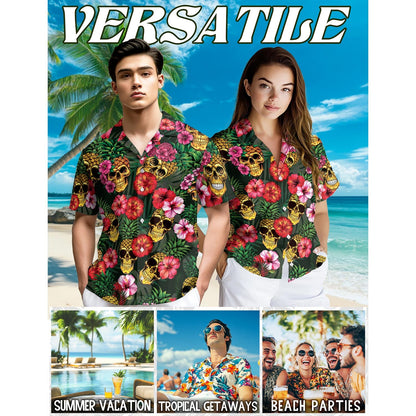 Pineapple Skull Hibiscus Hawaiian Shirt for Men, Button Down Aloha Shirt - Azhawaiian