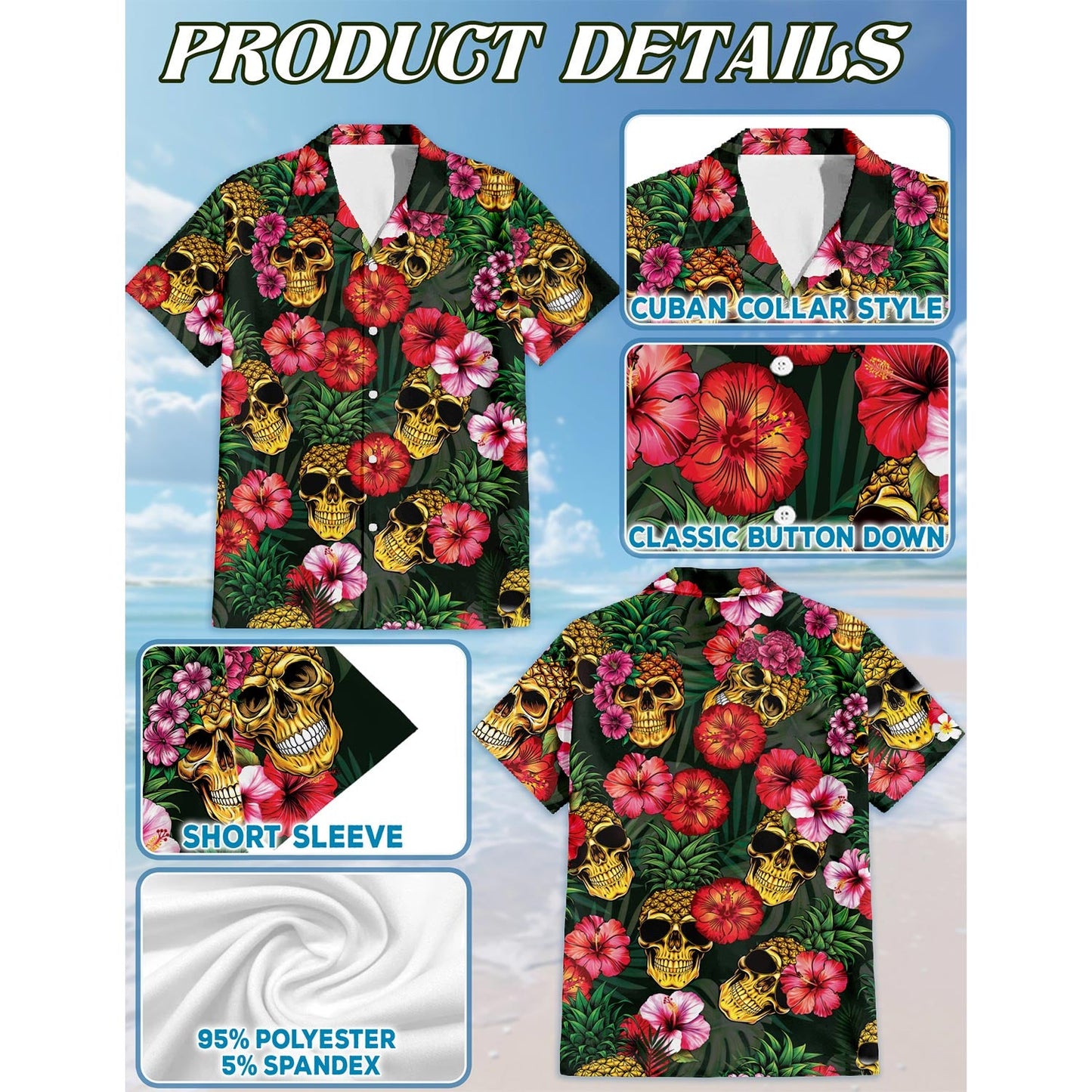 Pineapple Skull Hibiscus Hawaiian Shirt for Men, Button Down Aloha Shirt - Azhawaiian