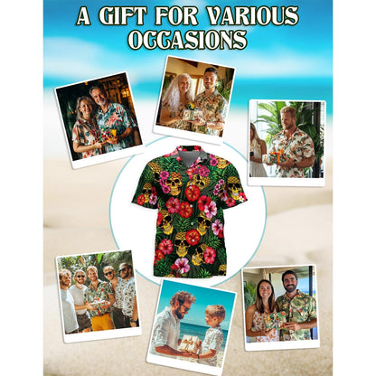 Pineapple Skull Hibiscus Hawaiian Shirt for Men, Button Down Aloha Shirt - Azhawaiian