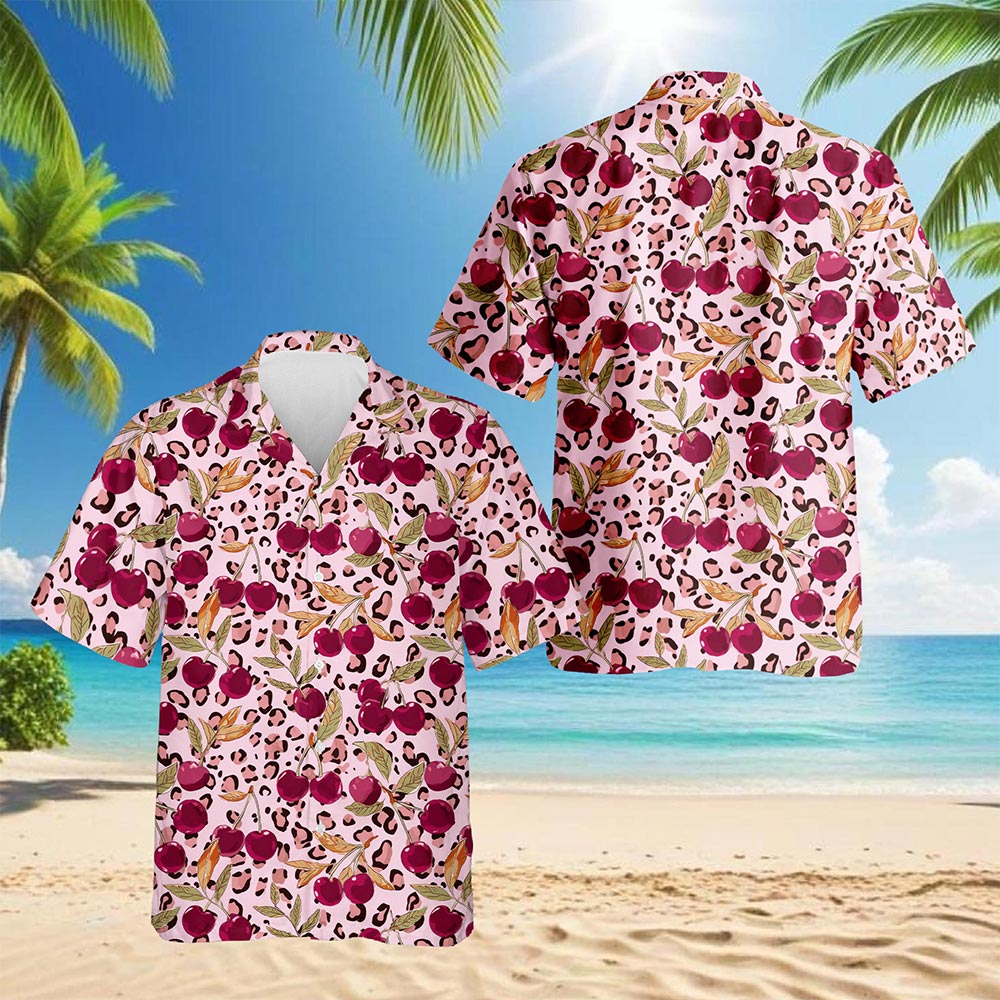 Pink Leopard Cherry Hawaiian Shirt for Men, Button Down Aloha Shirt - Azhawaiian