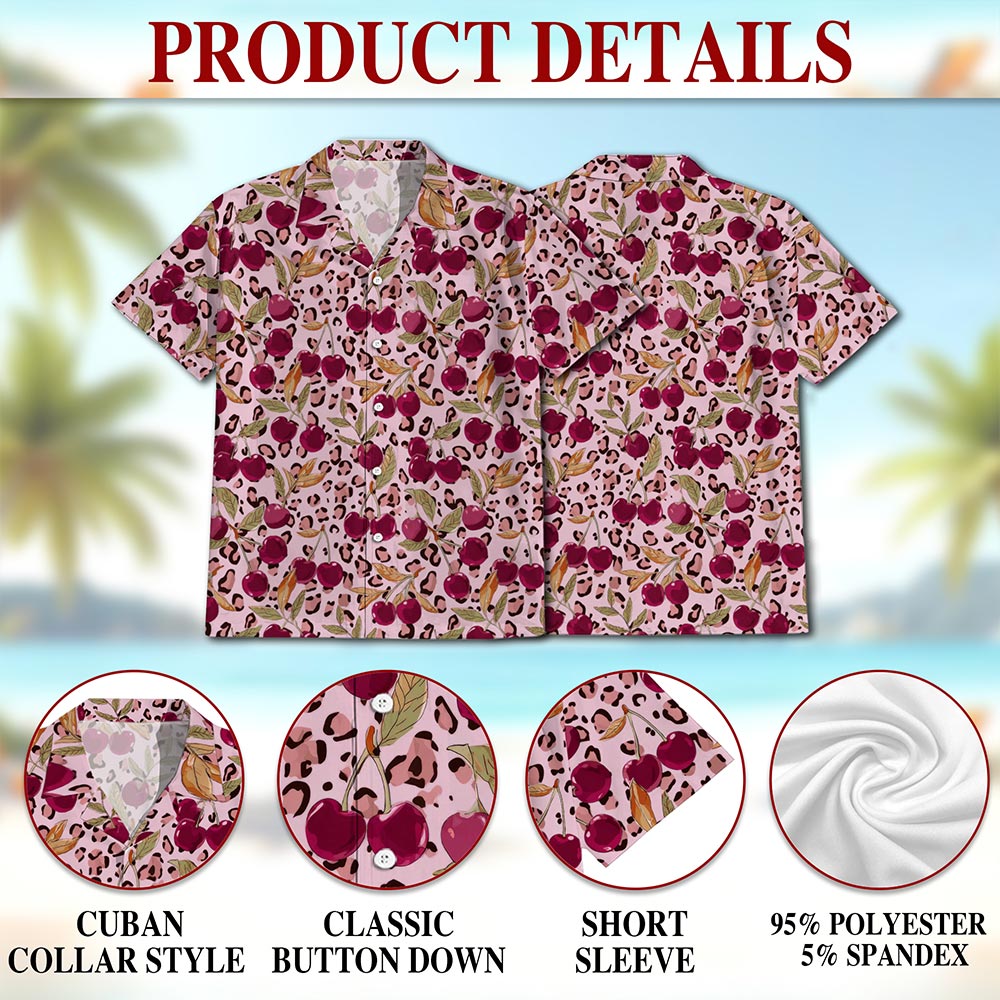Pink Leopard Cherry Hawaiian Shirt for Men, Button Down Aloha Shirt - Azhawaiian