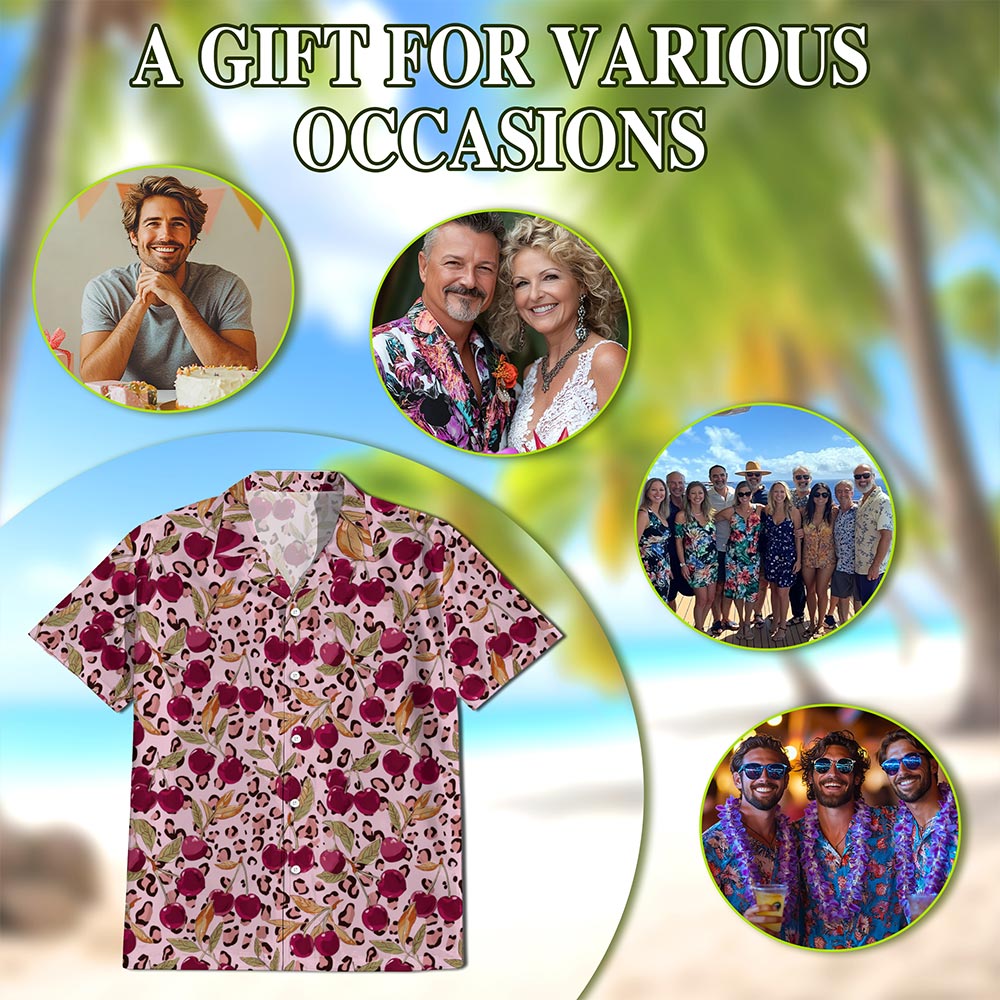 Pink Leopard Cherry Hawaiian Shirt for Men, Button Down Aloha Shirt - Azhawaiian