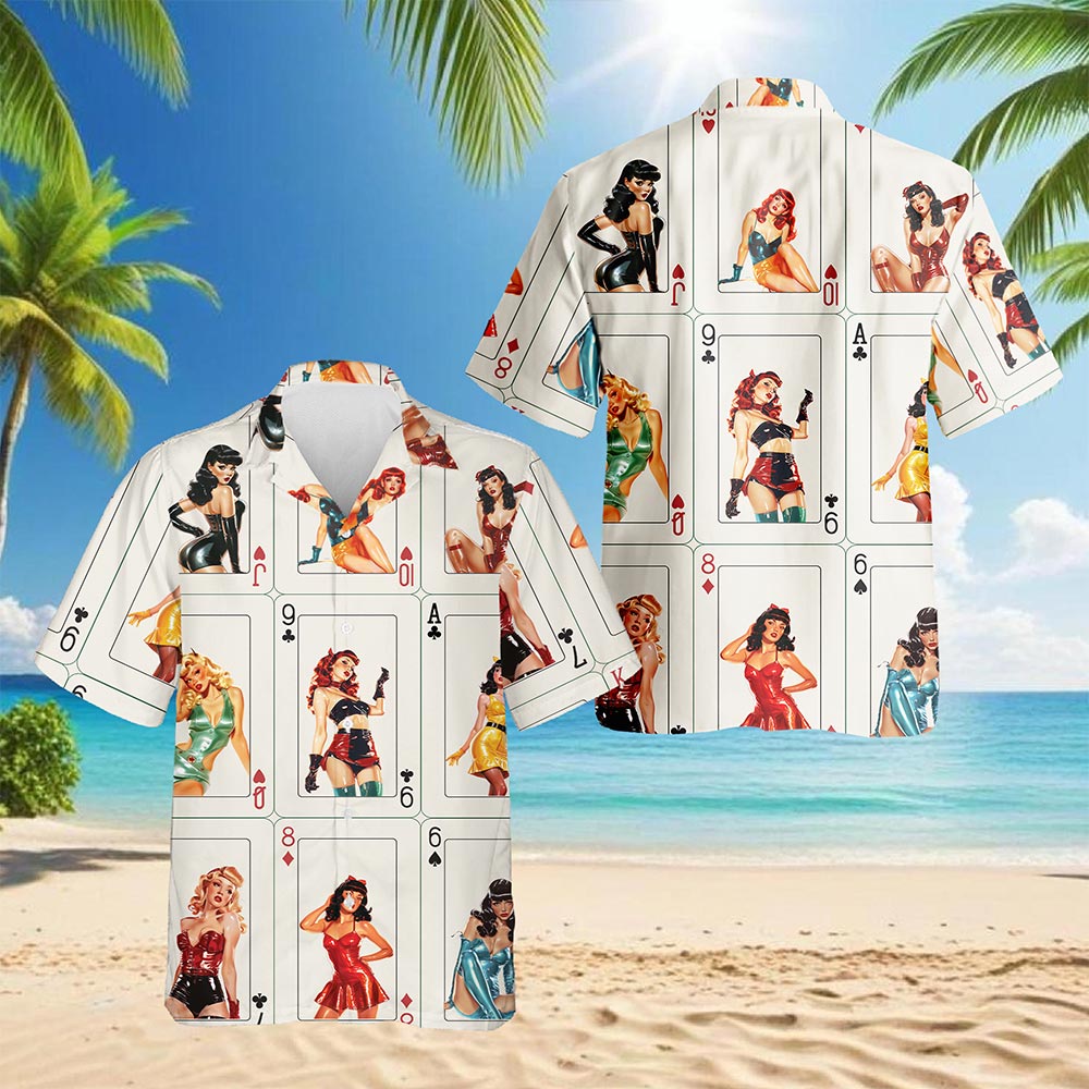 Pinup Girls Playing Card Hawaiian Shirt for Men, Button Down Aloha Shirt - Azhawaiian