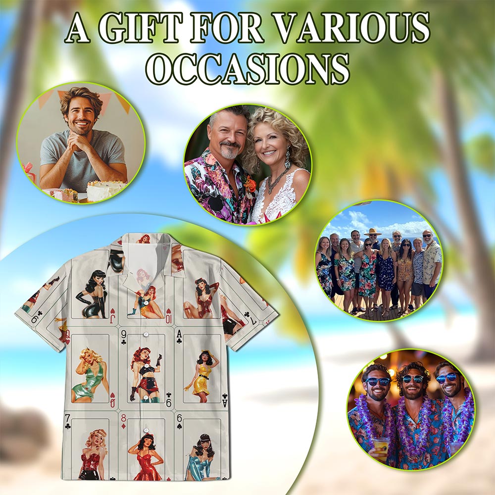 Pinup Girls Playing Card Hawaiian Shirt for Men, Button Down Aloha Shirt - Azhawaiian