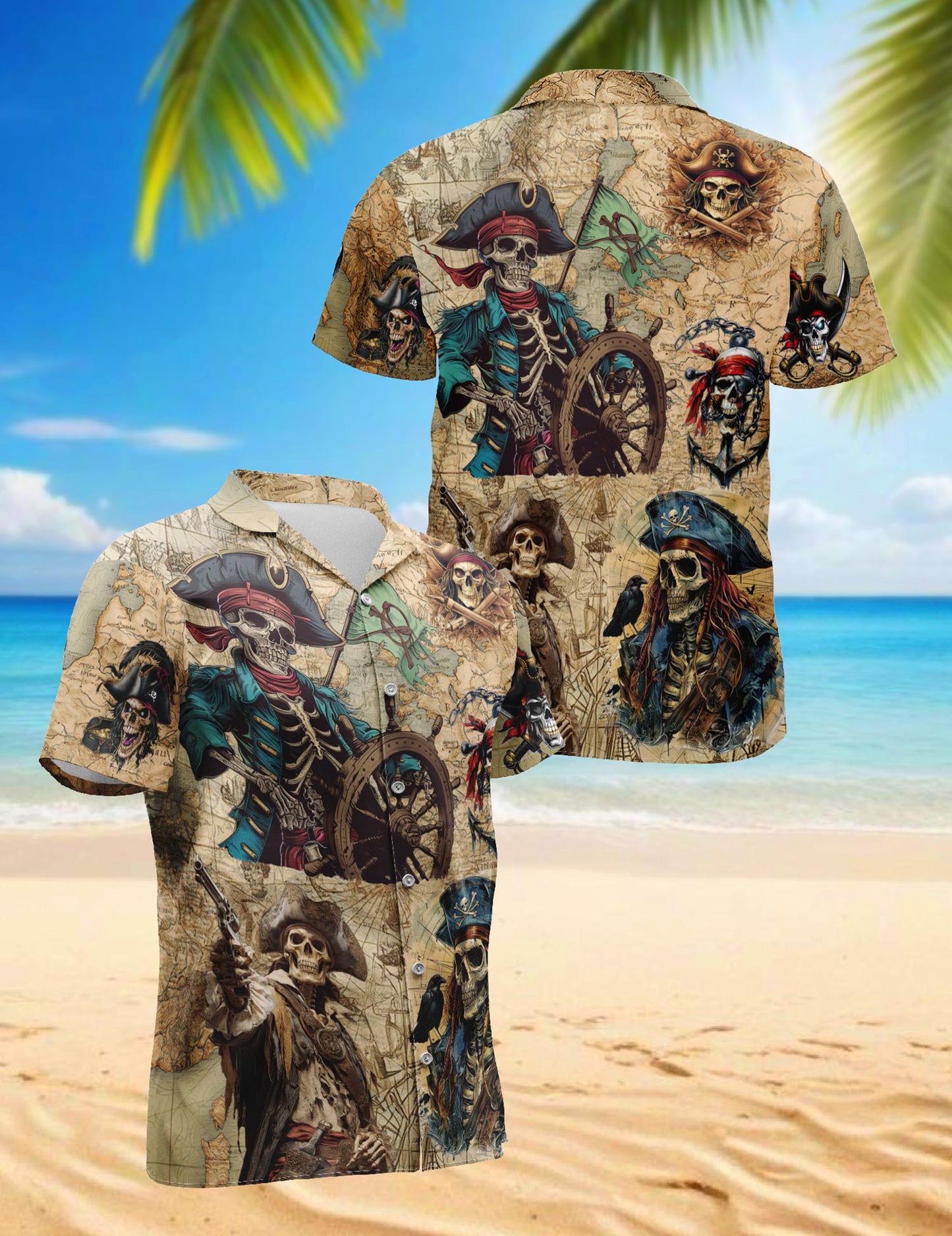 Pirate Captain Skull Hawaiian Shirt for Men, Button Down Aloha Shirt - Azhawaiian