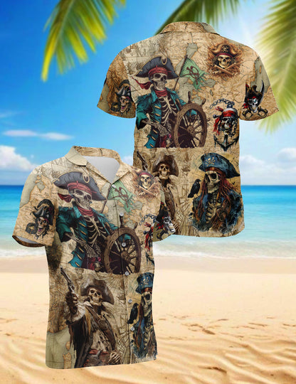 Pirate Captain Skull Hawaiian Shirt for Men, Button Down Aloha Shirt - Azhawaiian