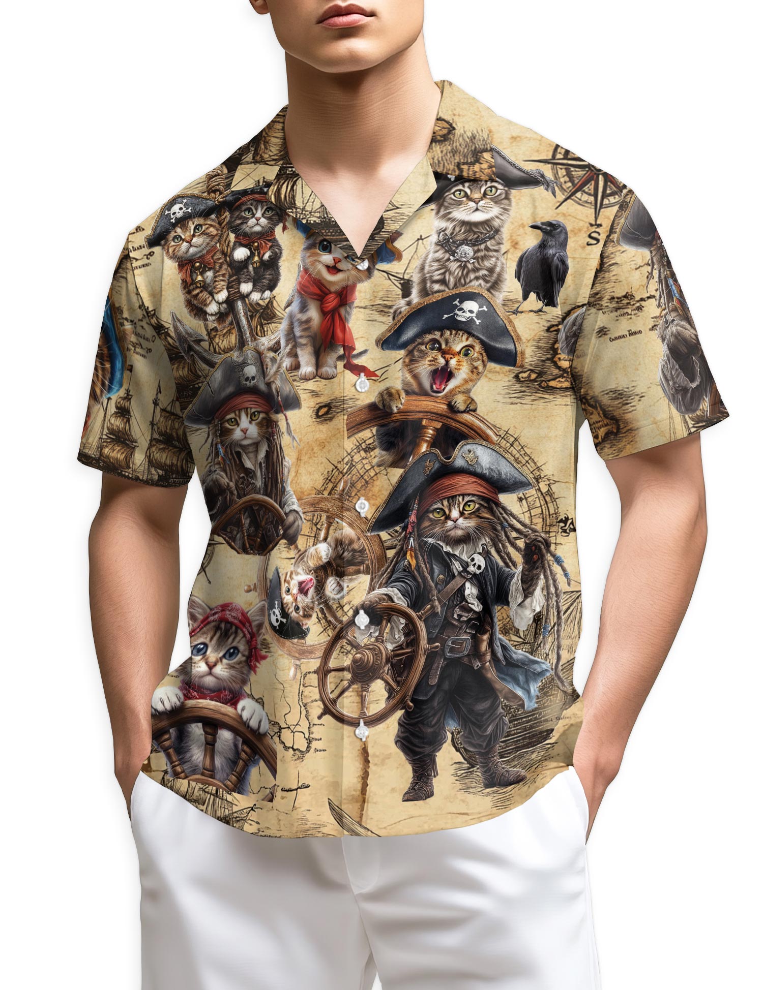Azhawaiian Pirate Cat Hawaiian Shirt for Men
