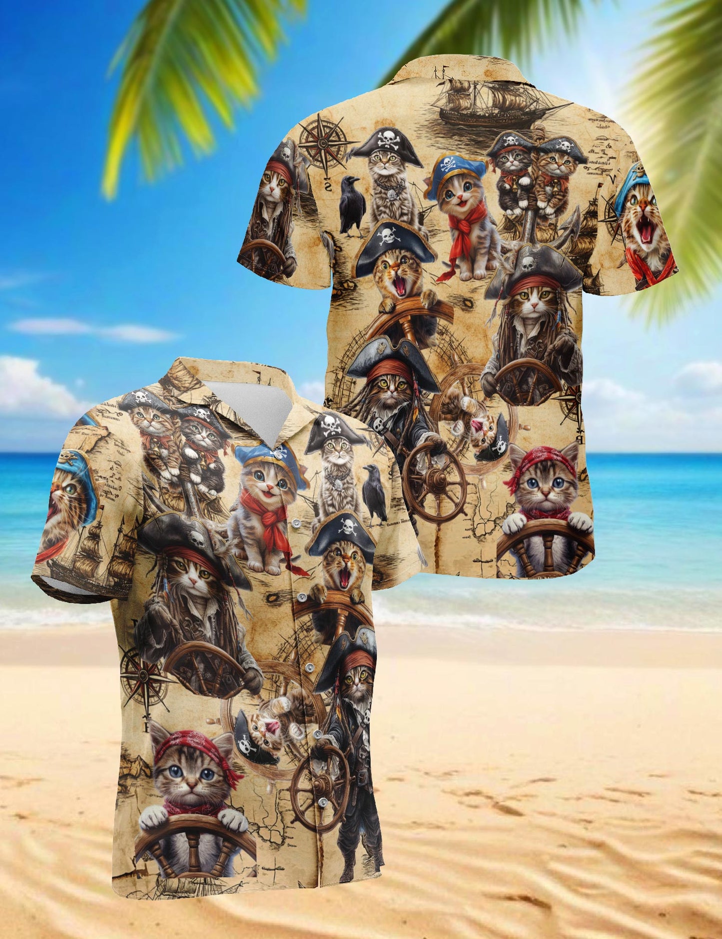 Pirate Cat Hawaiian Shirt for Men, Button Down Aloha Shirt - Azhawaiian