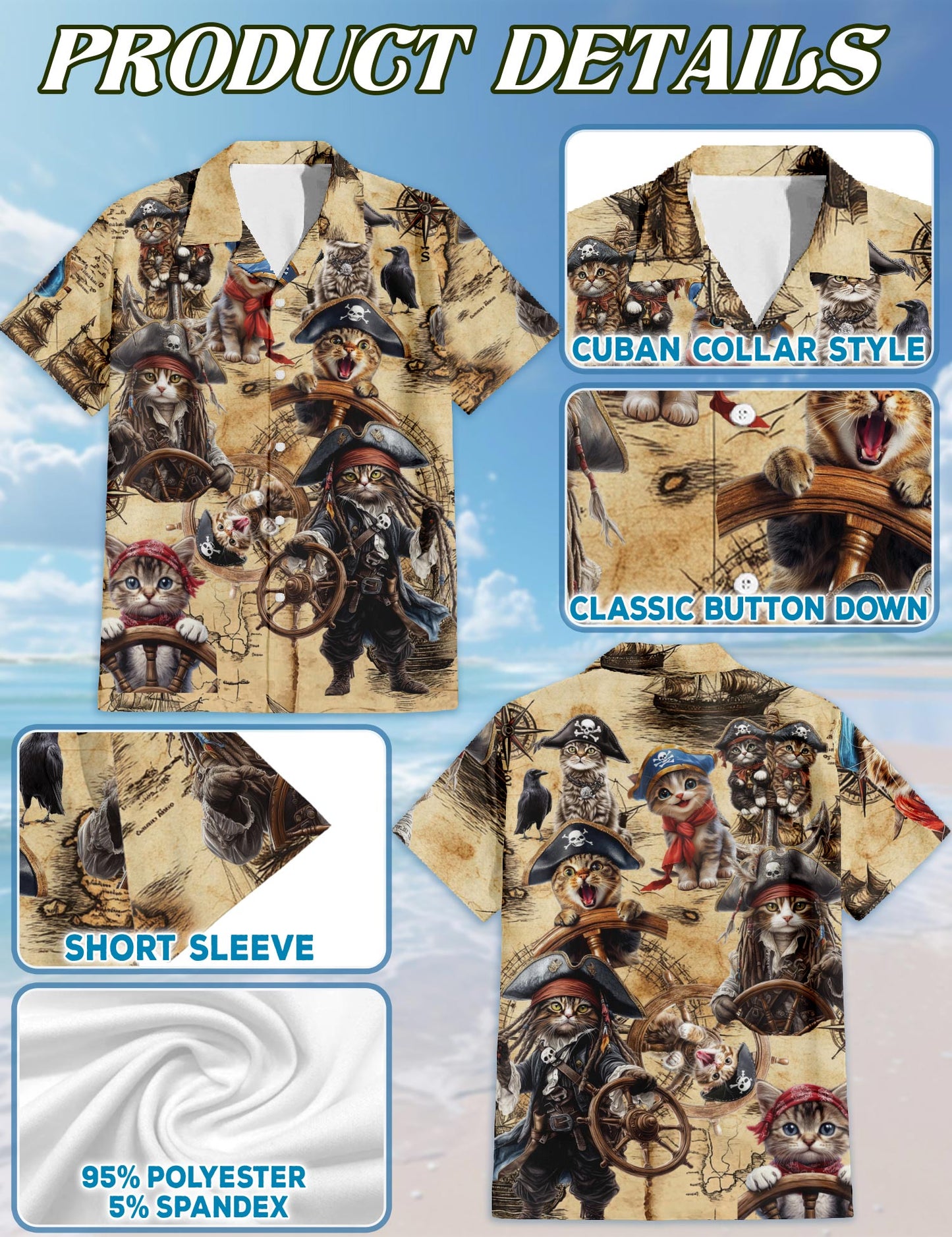 Pirate Cat Hawaiian Shirt for Men, Button Down Aloha Shirt - Azhawaiian