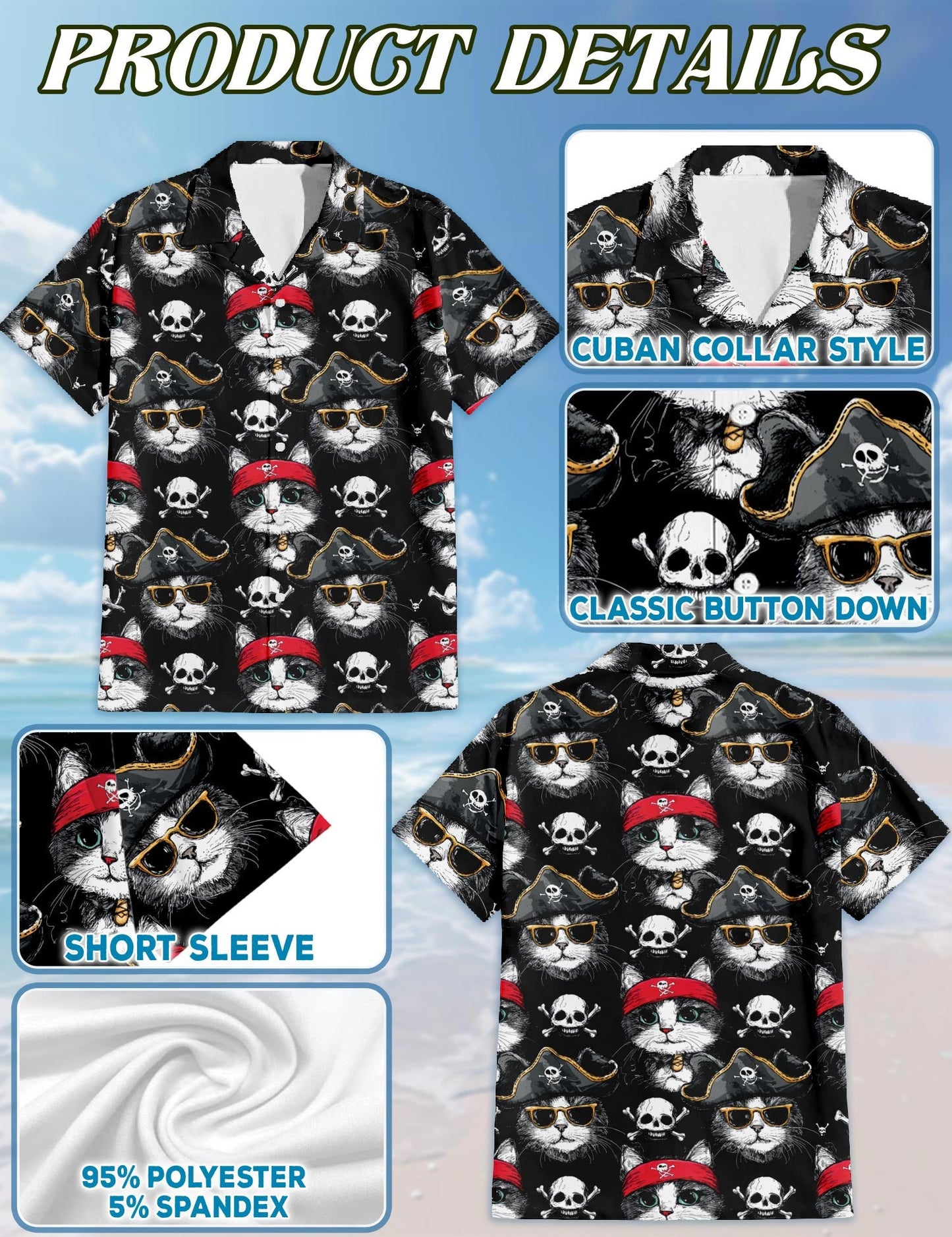 Pirate Cat Hawaiian Shirt for Men, Button Down Aloha Shirt - Azhawaiian